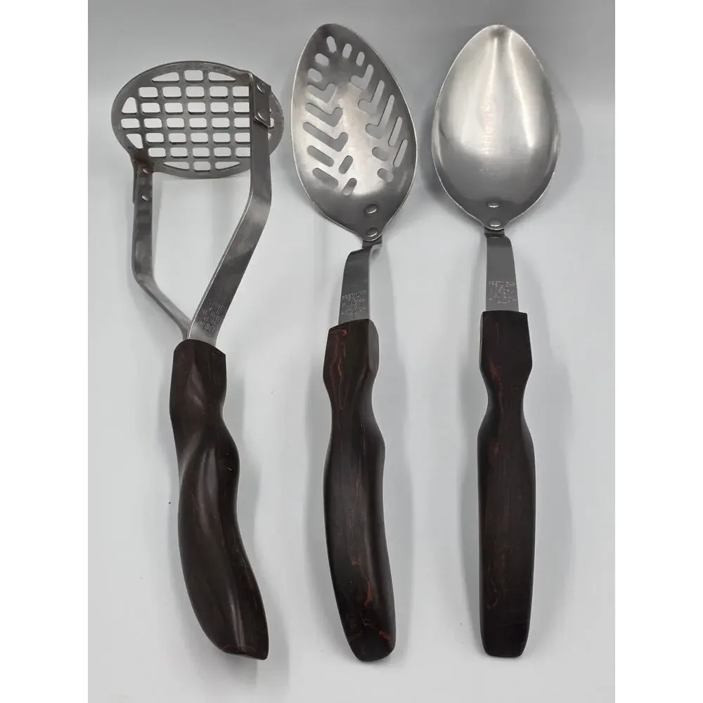 CUTCO Serving Utensil Set 3 Pc Slotted Spoon Basting Serving Masher Brown Swirl
